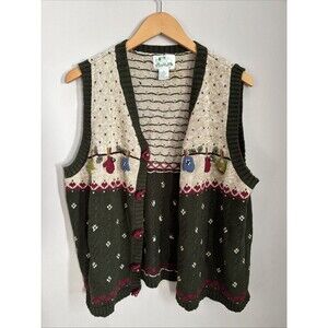 VintageQuacker Factory Vest Fall Winter Christmas Bells Mittens Leaves 2X Granny